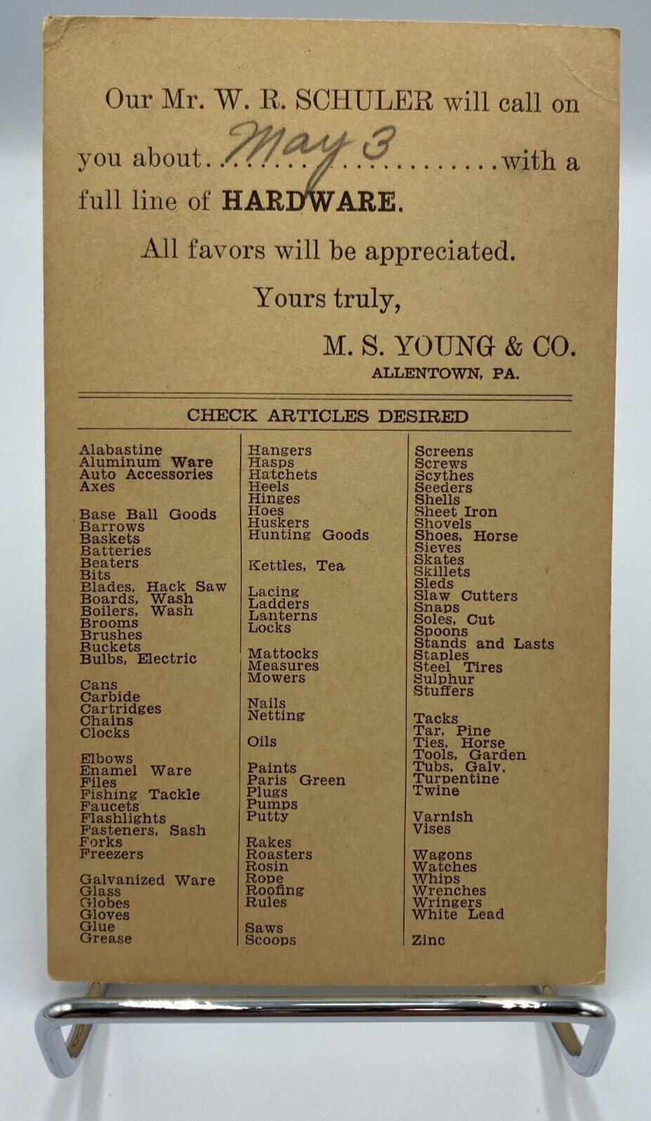 Vtg c.1930's-1940's M.S. Young & Hardware Co. Advertisement Postcard