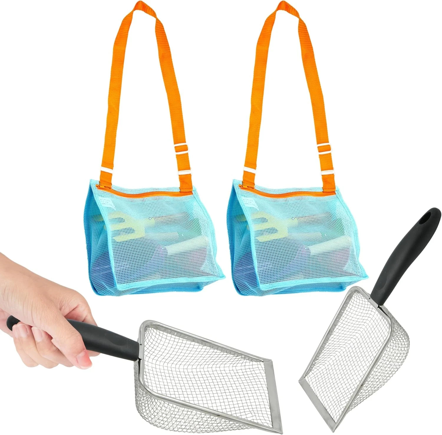 2X Shark Tooth Sifter for Beach with 2X Small Mesh Beach Bag for Shell Collectin