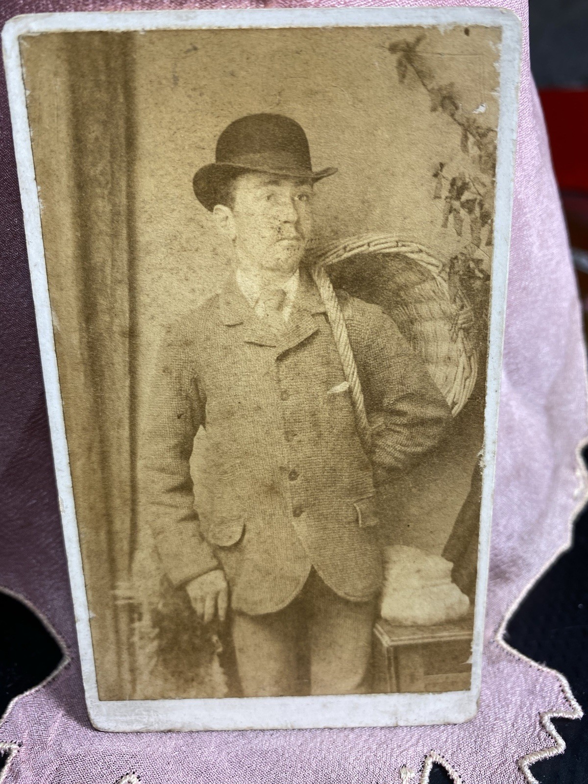 Antique Sepia CDV Photo Portrait Man In Suit With Basket Guildford (B)