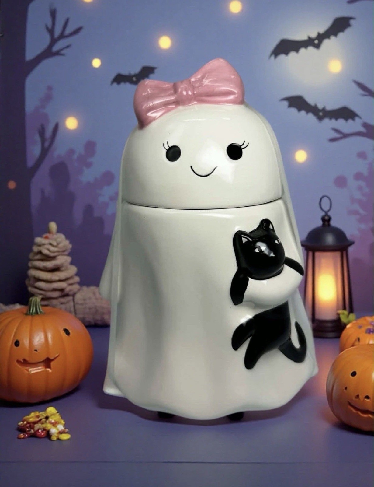  Halloween Ghost Black Cat Cookie Jar Spooky Decor Treat Jar Party Decor Gift