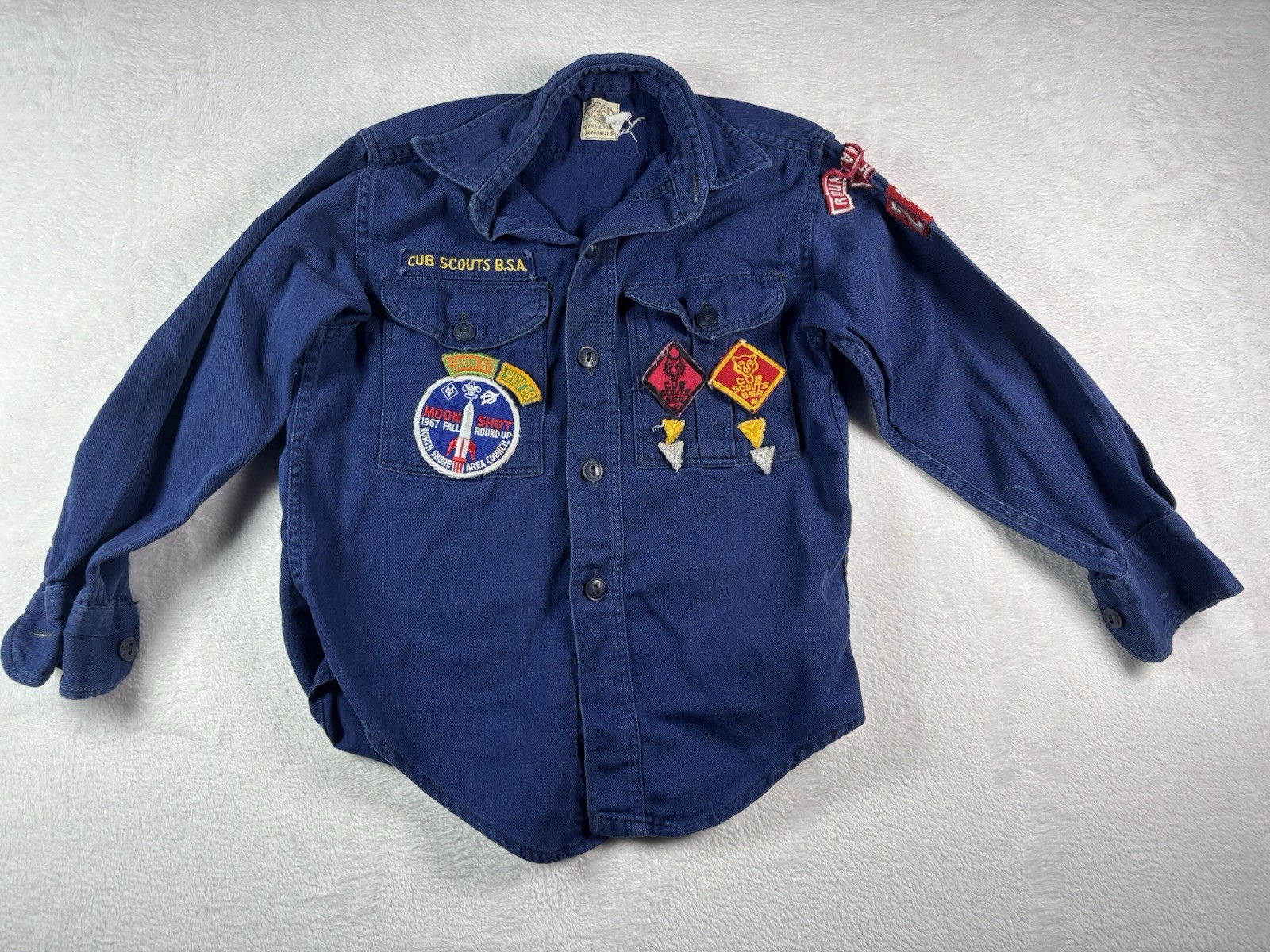 Vintage Boy Scouts Shirt Boys Blue 60s 70s Sanforized Cub Medals Youth
