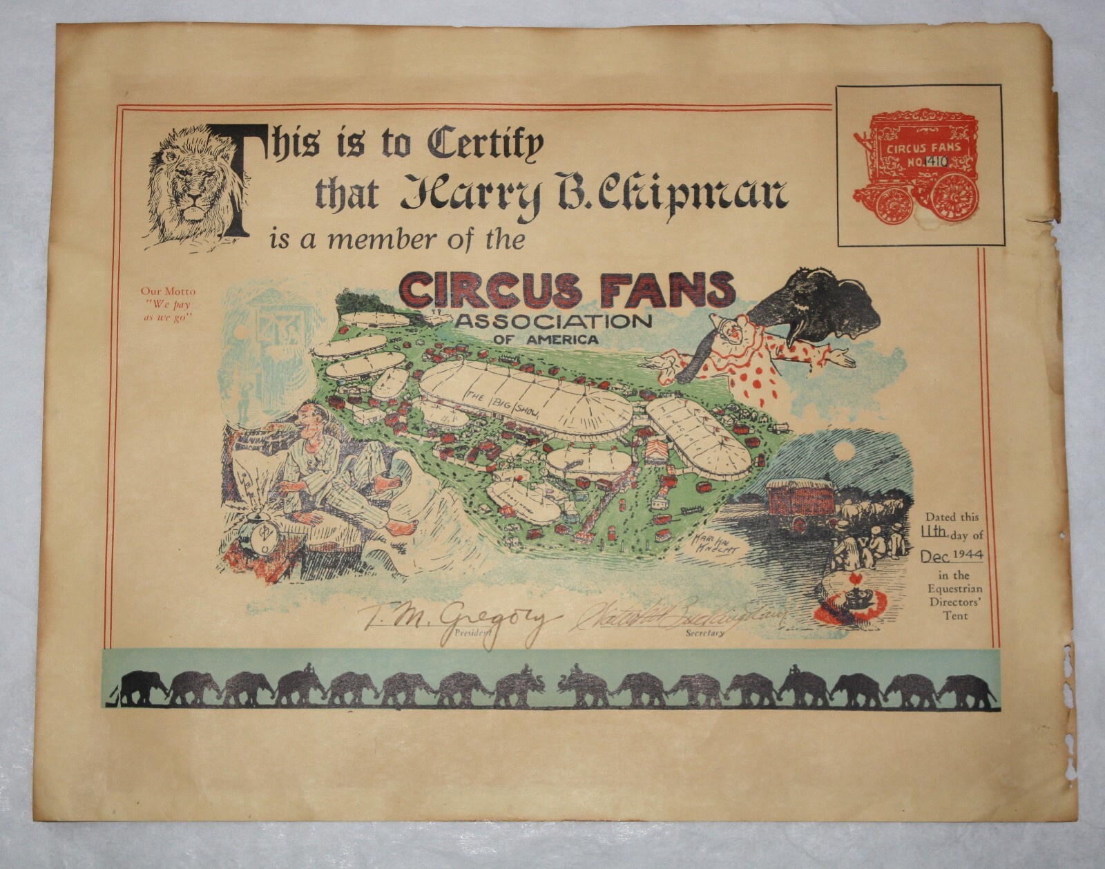 1944 CIRCUS FANS Association Of America Member Certificate EXTREMELY RARE