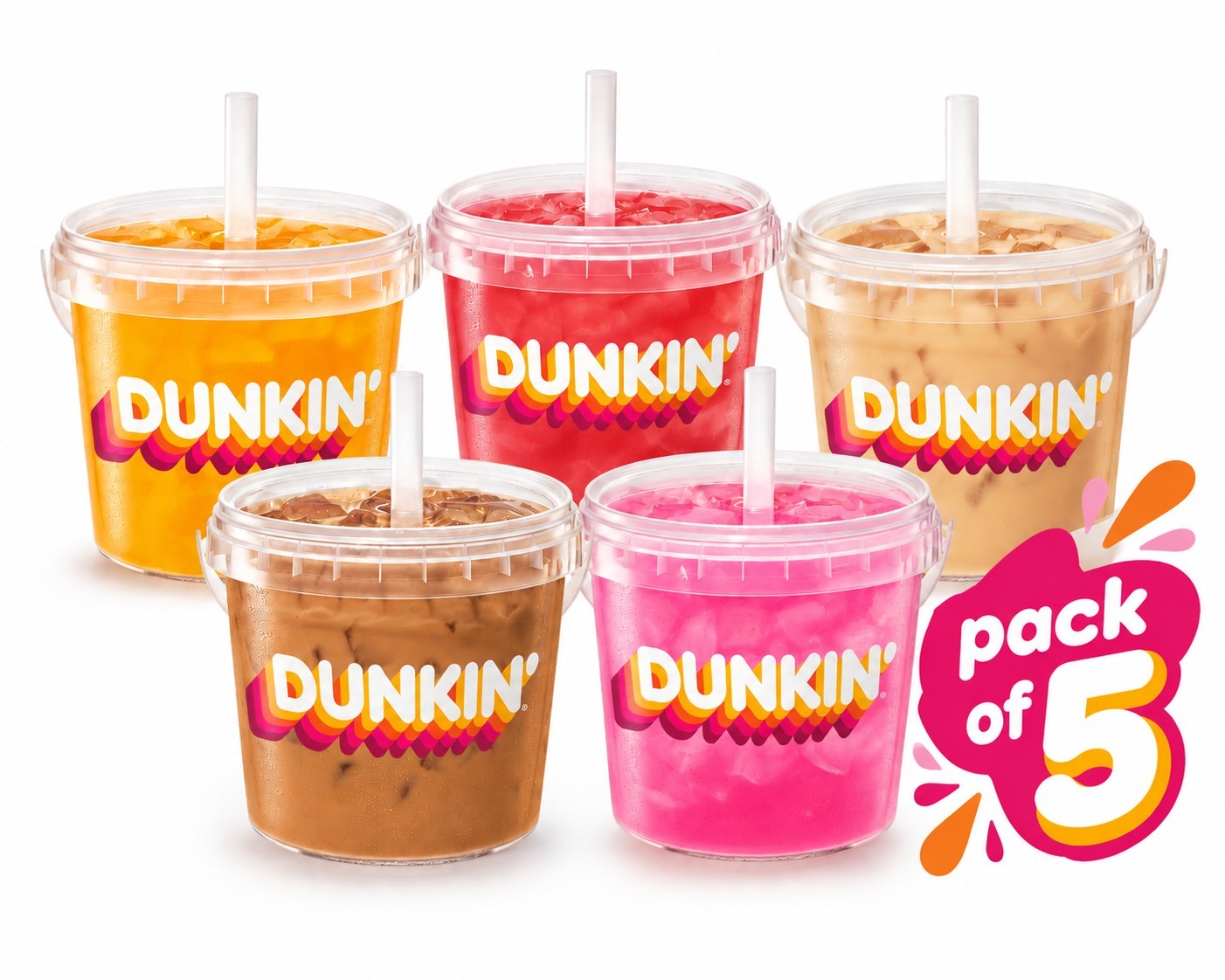 New 2026 Limited Edition Dunkin Ice Beverage Bucket & Straw 48oz - PACK OF 5