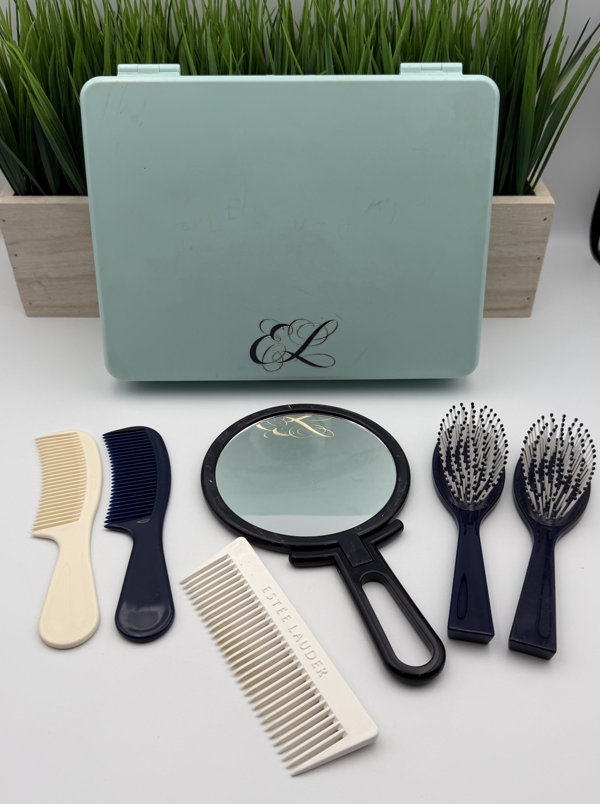 Vtg Estée Lauder Lot Ball Tipped Hair Brush Comb Vanity Mirror Makeup Case