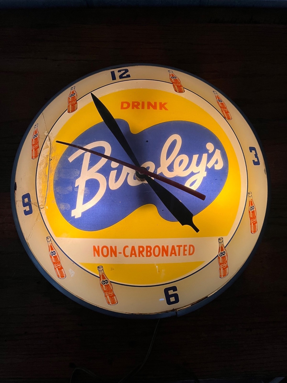 Vintage Bireley\'s Soda Pop Advertising Lighted Clock Double Bubble Sign -- As-Is
