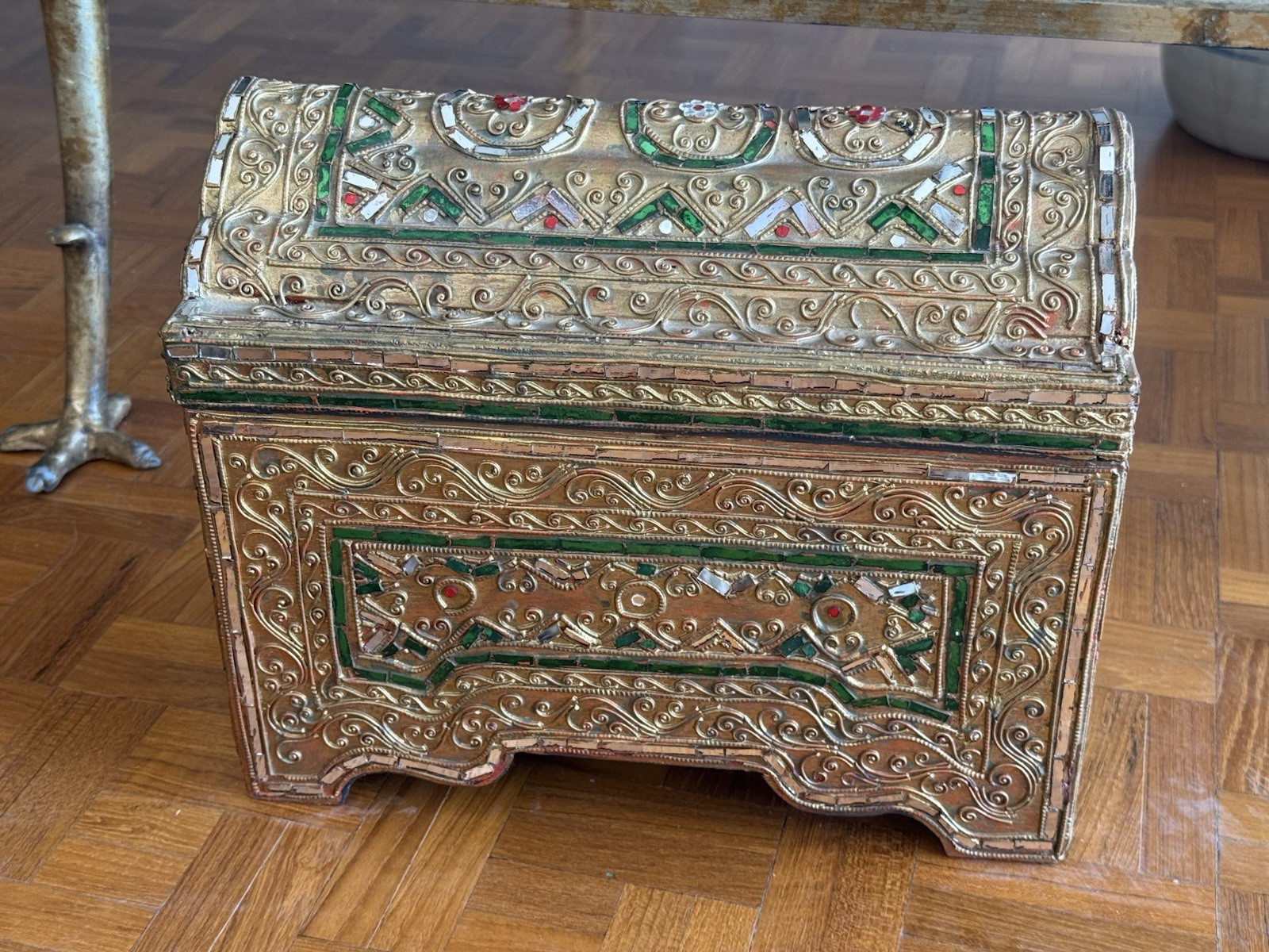 Vintage Thai Hand Carved Jeweled Wooden Treasure Chest Jewelry Box Boho Trunk