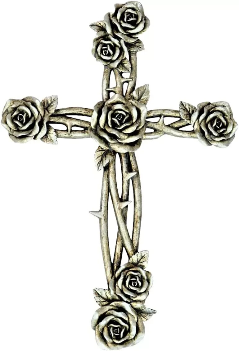 Vintage Rose w/Thorn Metal-Like Wall Cross Rustic Spiritual Decor
