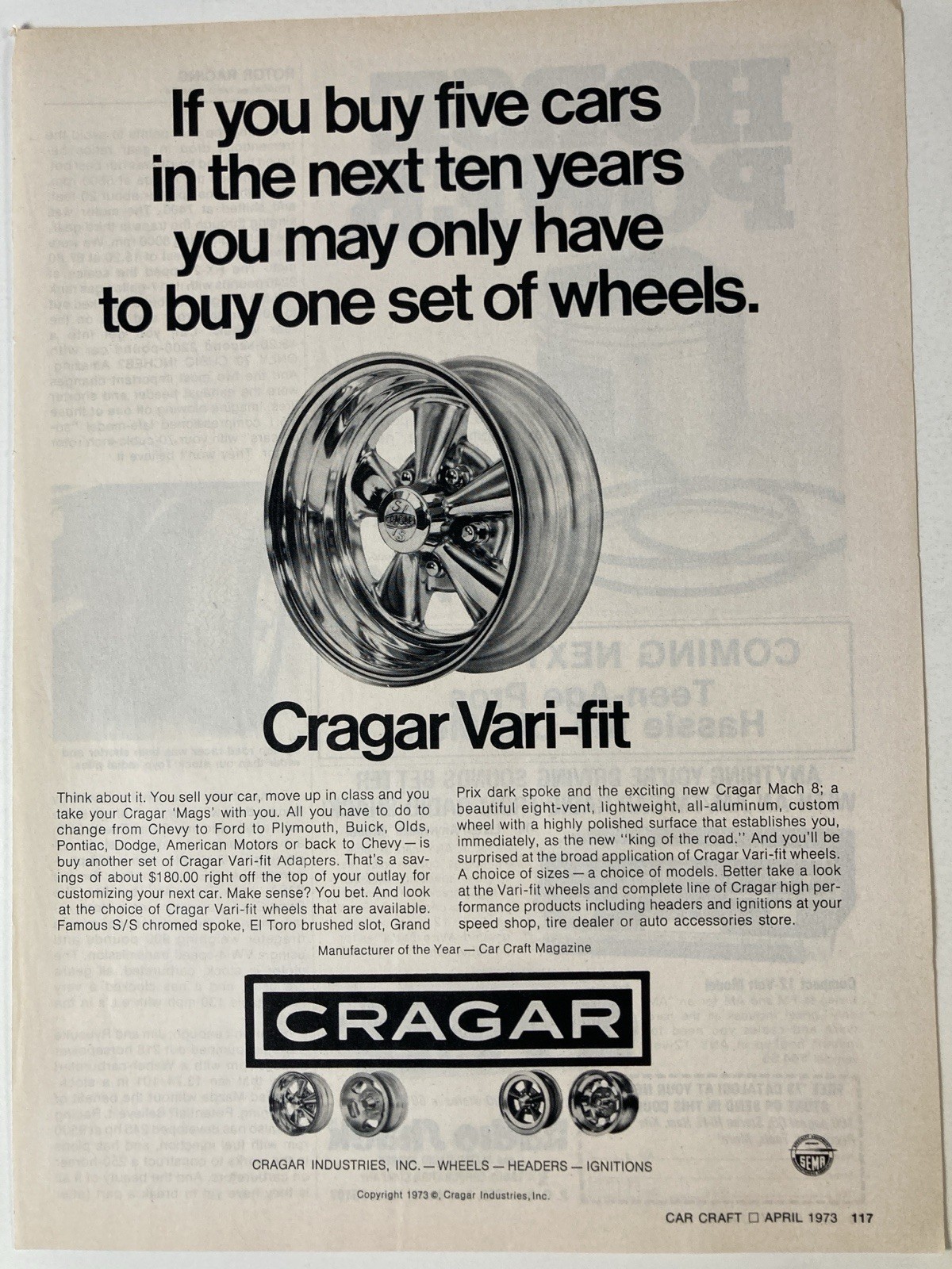 1973 Cragar S/S Vari Fit Mag Rims Wheels Print Ad Manufacture Of The Year
