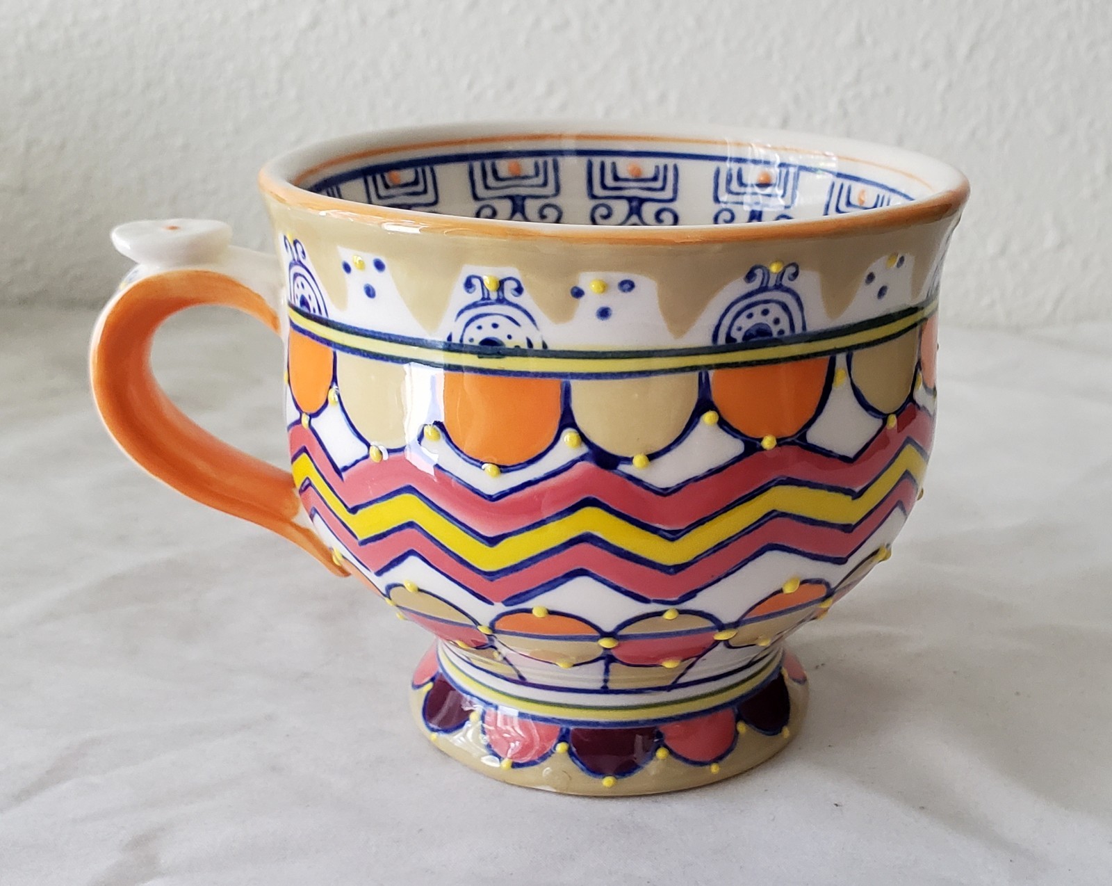 Anthropologie 12 oz Orange Striped Zig-Zag Boho Bohemian Pedestal Mug