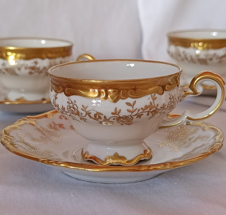 Set of 6 Vintage Weimar Porzellan Germany Katharina 14051 Teacups Saucers Mint