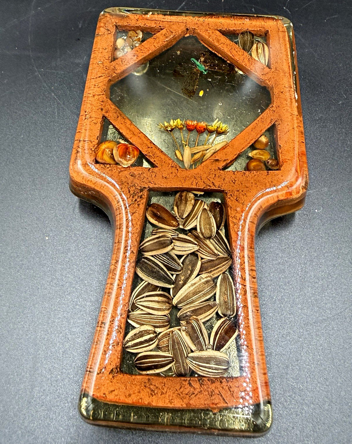 Vintage 1970s Lucite Resin Butterfly & Sunflower Seed Botanical Spoon Rest