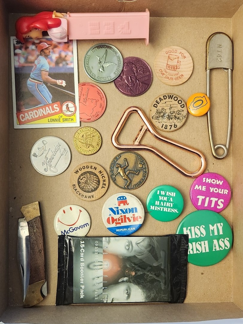 Junk drawer lot - medallions, pins, cards, pocket knife, wooden nickels