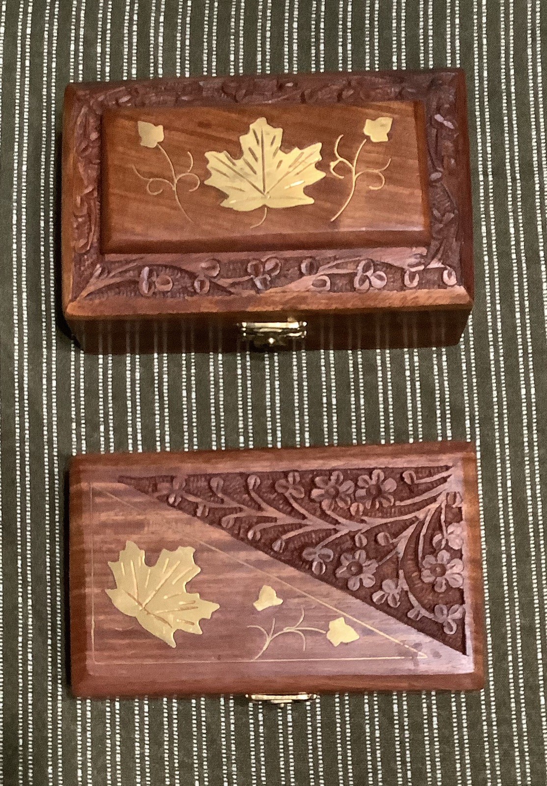 Two Vintage Hand Carved Wood Jewelry / Trinket Storage Boxes with brass inlay