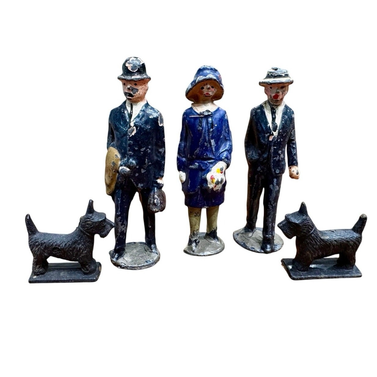 Vintage Painted 1920’s Metal Toy Figures Lot 5 Artist 2 Scottie Dogs England 2in
