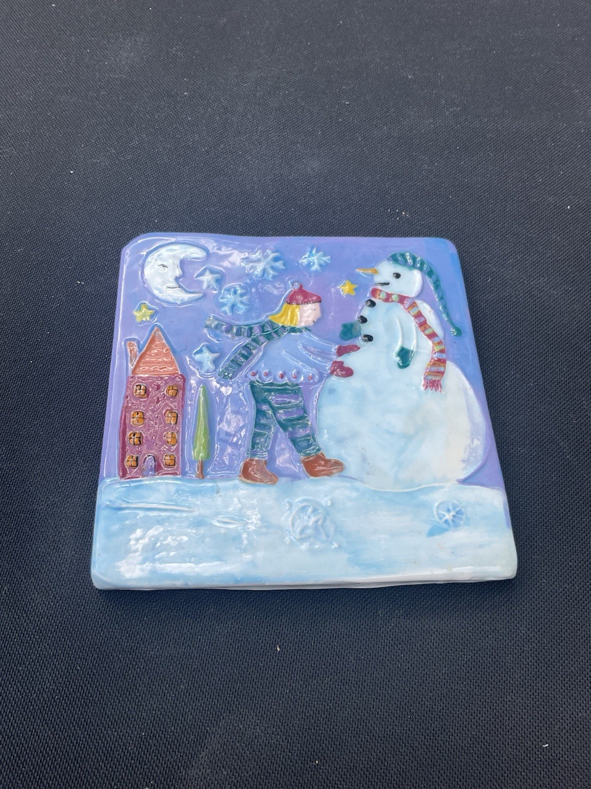 Vintage MARCIA HOVLAND Winter Scene Ceramic Tile Snowman 