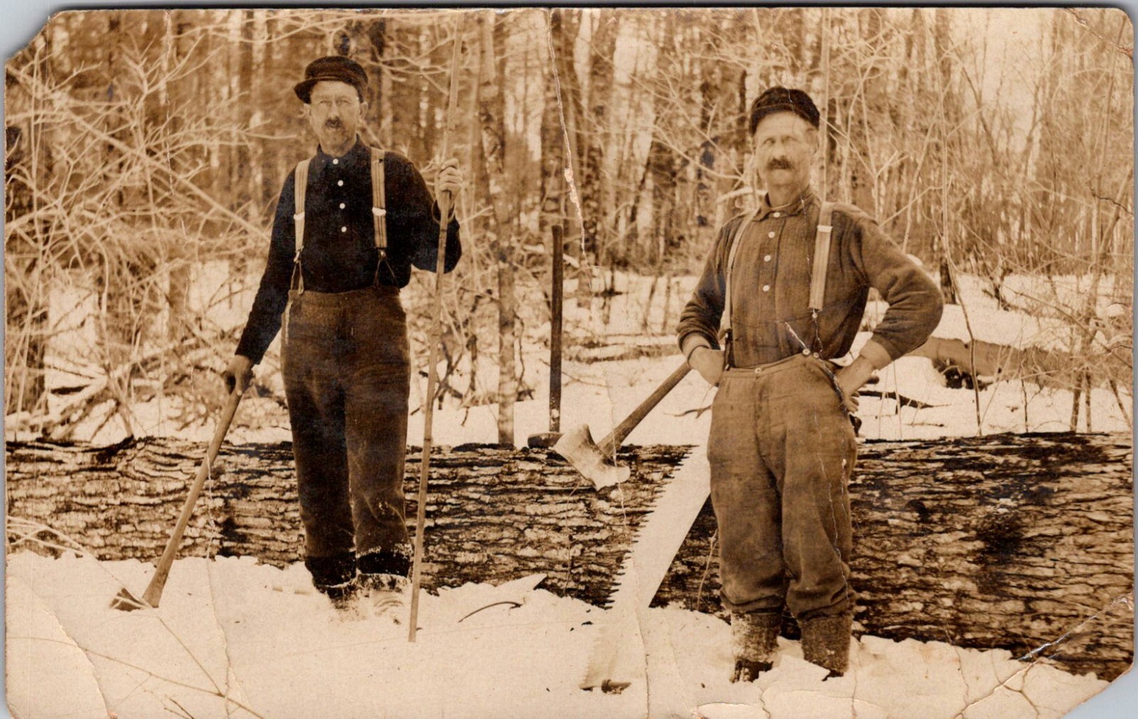 RPPC Two Lumberjack Workers With Logging Tools IN Vintage Postcard TP15-12