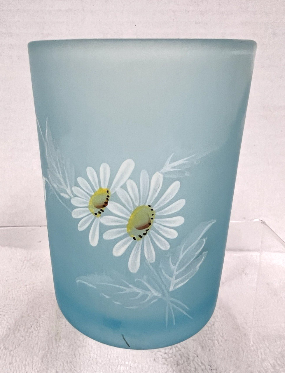 Vintage Blue Frosted Glass Tumbler White Daisy Floral Design 3 3/4\
