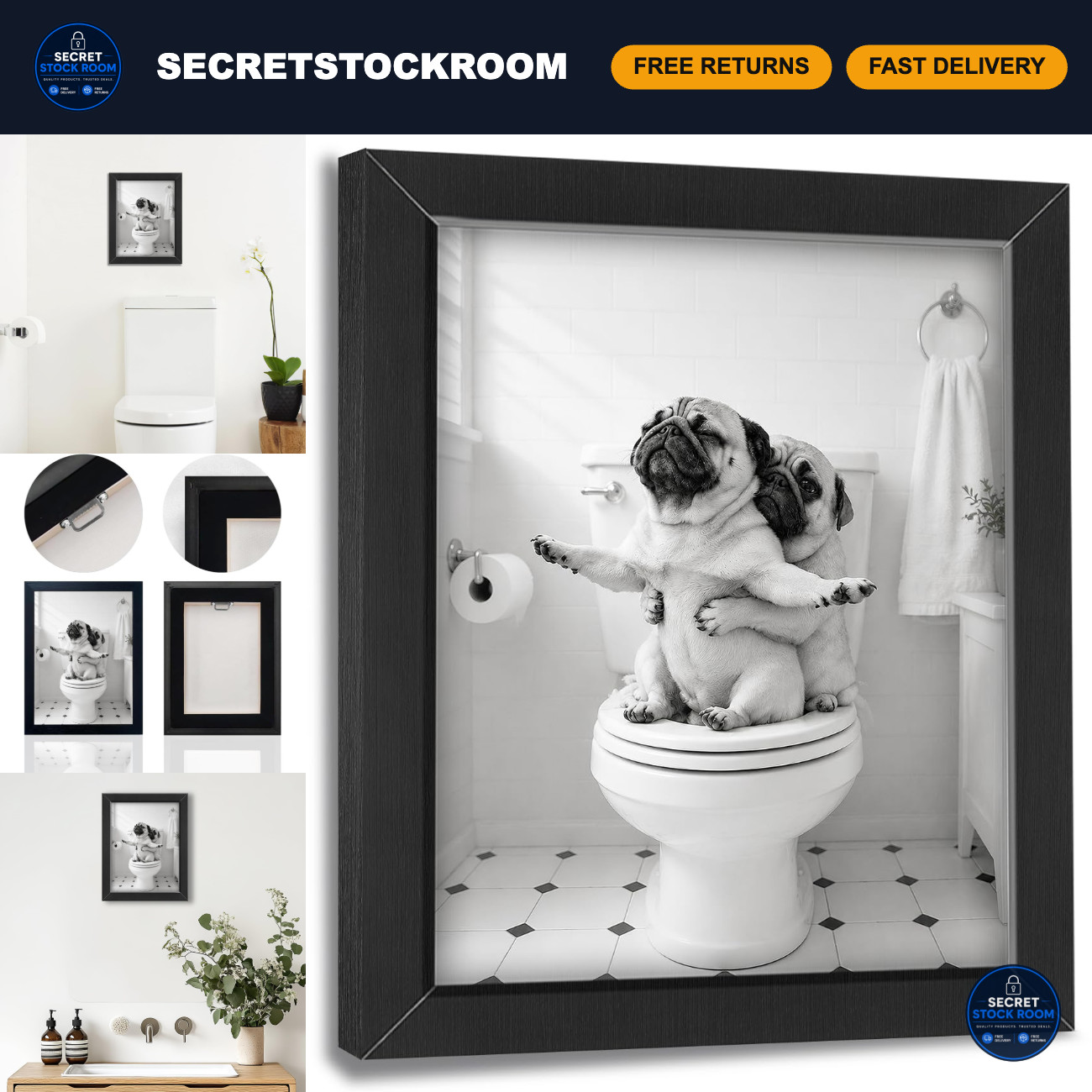 Funny Pug Dog Bathroom Wall Art - Framed Black & White Canvas Decor, 12\ Funny Pug Dog Bathroom Wall Art - Framed Black & White Canvas Decor, 12\