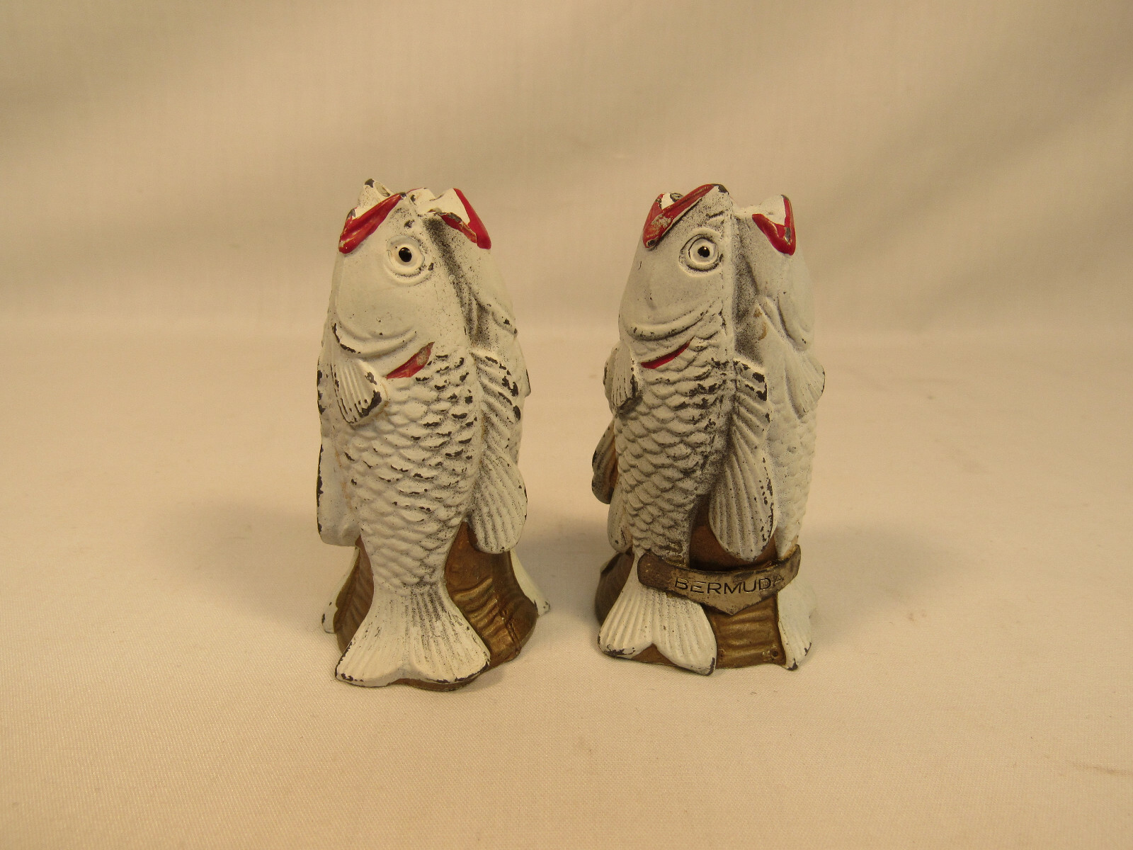 Vintage Pair Of Metal Fish Salt & Pepper Shakers Bermuda Souvenir