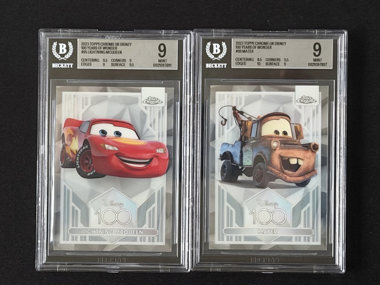 2023 Topps Chrome Disney 100 Lightning McQueen #95 & Mater #60 BGS 9 Lot Cars