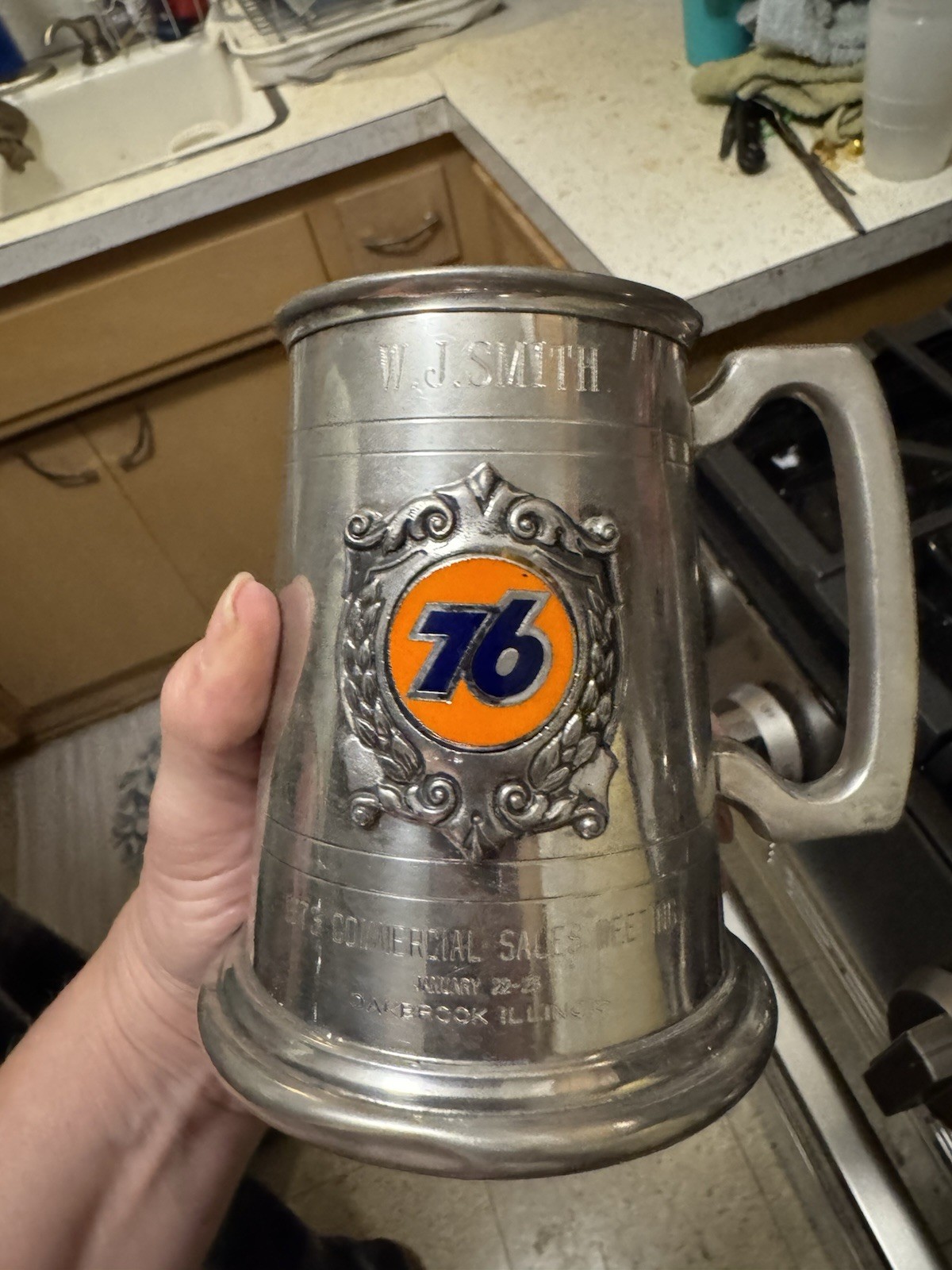 Union 76 1978 Gas & Oil Advertising Mug Stein, Silver Orange Blue, Original