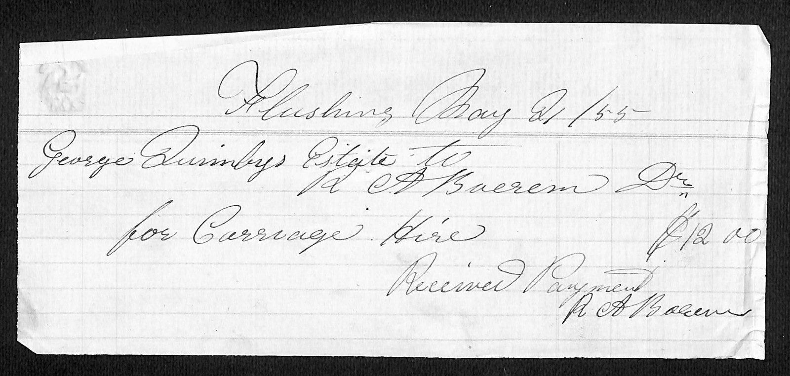 1855 George Quimby Estate / R A Boerum Receipt for Carriage Hire Flushing Queens