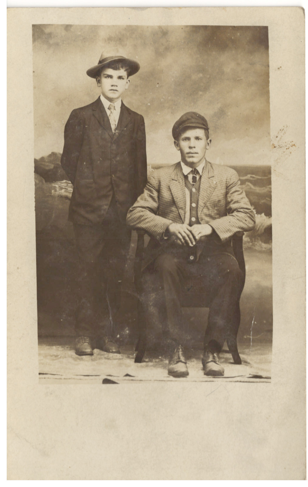 Antique B&W Photo Postcard RPPC 2 Young Men in Period Fashions #2642