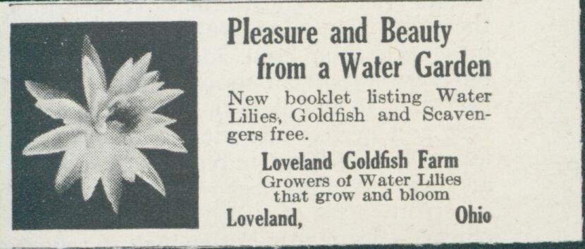 1931 Loveland Goldfish Farm Water Garden Booklet Offer Water Lilies Ohio Ad BH3