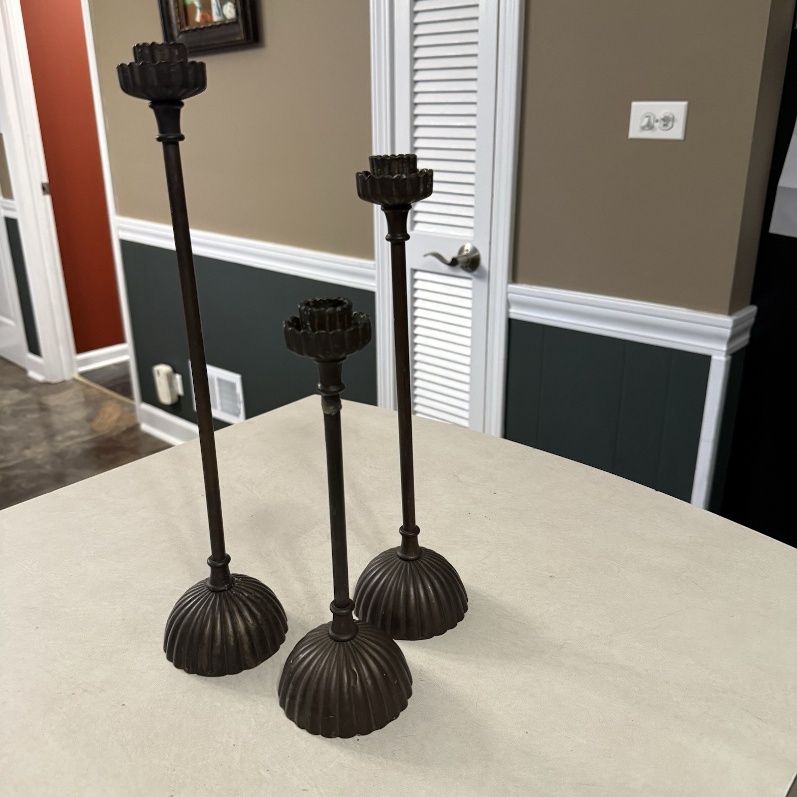 Vtg Set of (3) Tiered  Rare Art Deco Solid Brass Candle Holders by SILVESTRI 