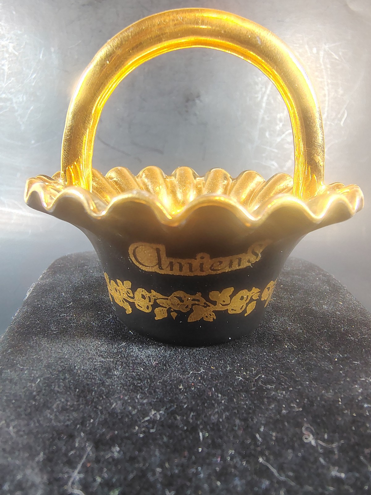 Antique Limoges France Miniature Porcelain Basket Amiens Black Gold Gilt 2.75