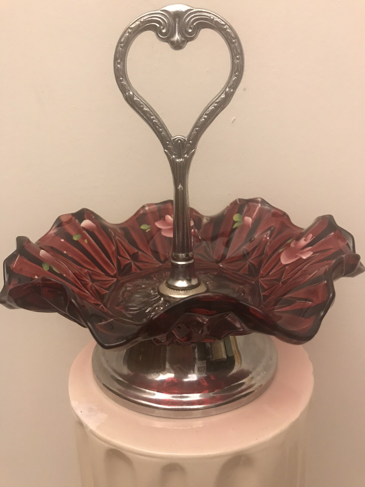 Vintage Hand Painted Fenton Ruby Red Cranberry Tidbit Candy Dish Ruffled  G3.