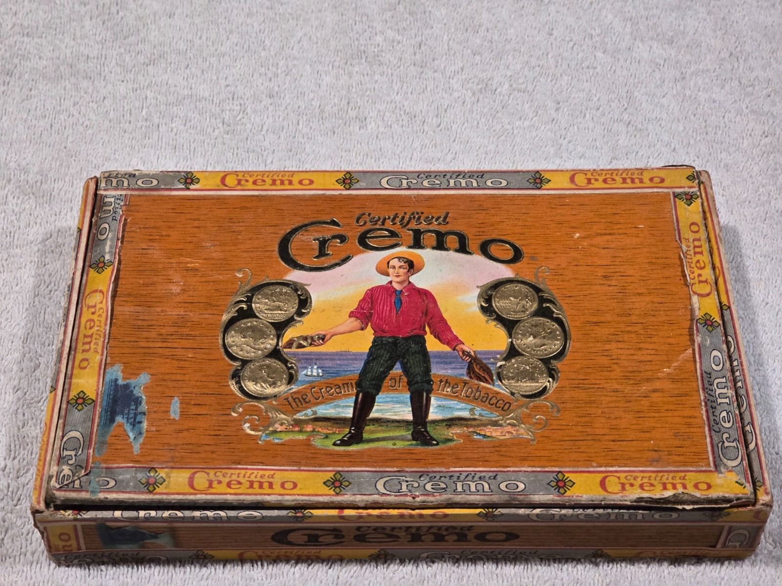 Vintage Cremo Wooden Cigar Box 1930s Empty Cowboy Lithograph 3 For 10 Cents Art