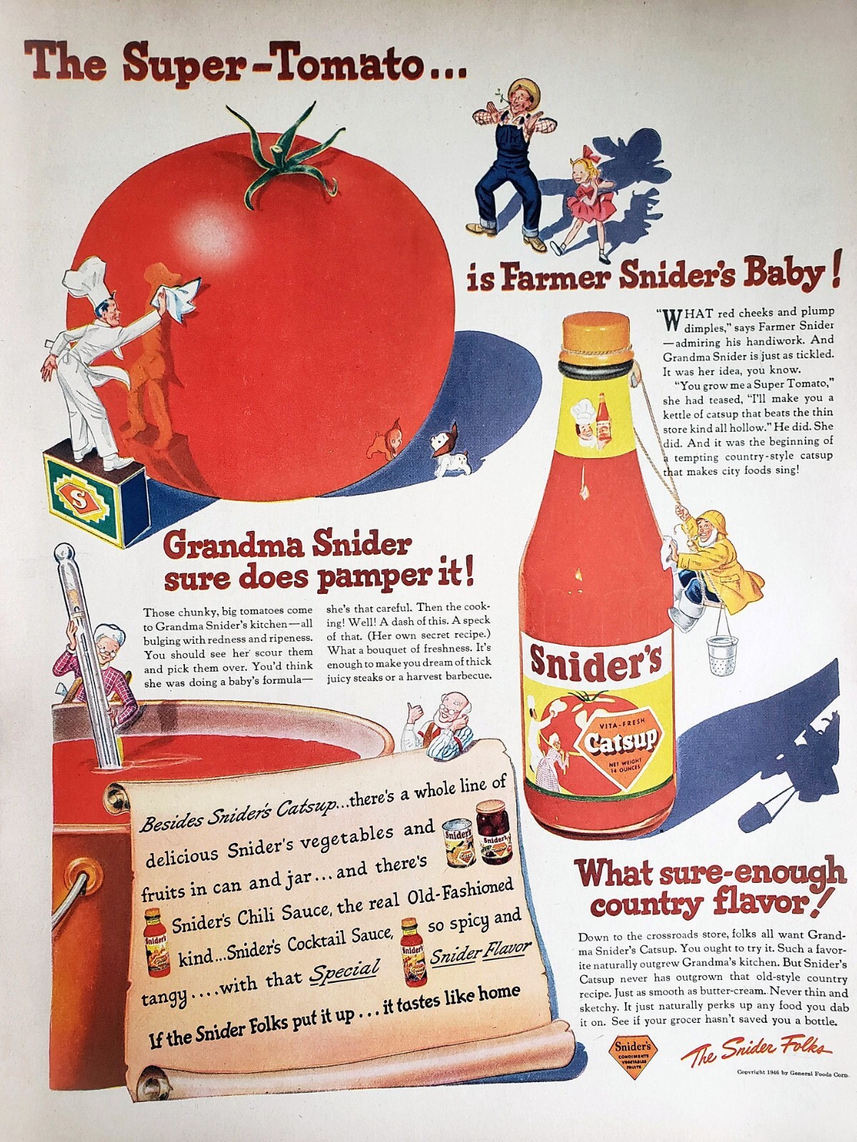 1946 Snider's Ketchup Print Ad Vintage Ephemera Wall Decor Super Tomato