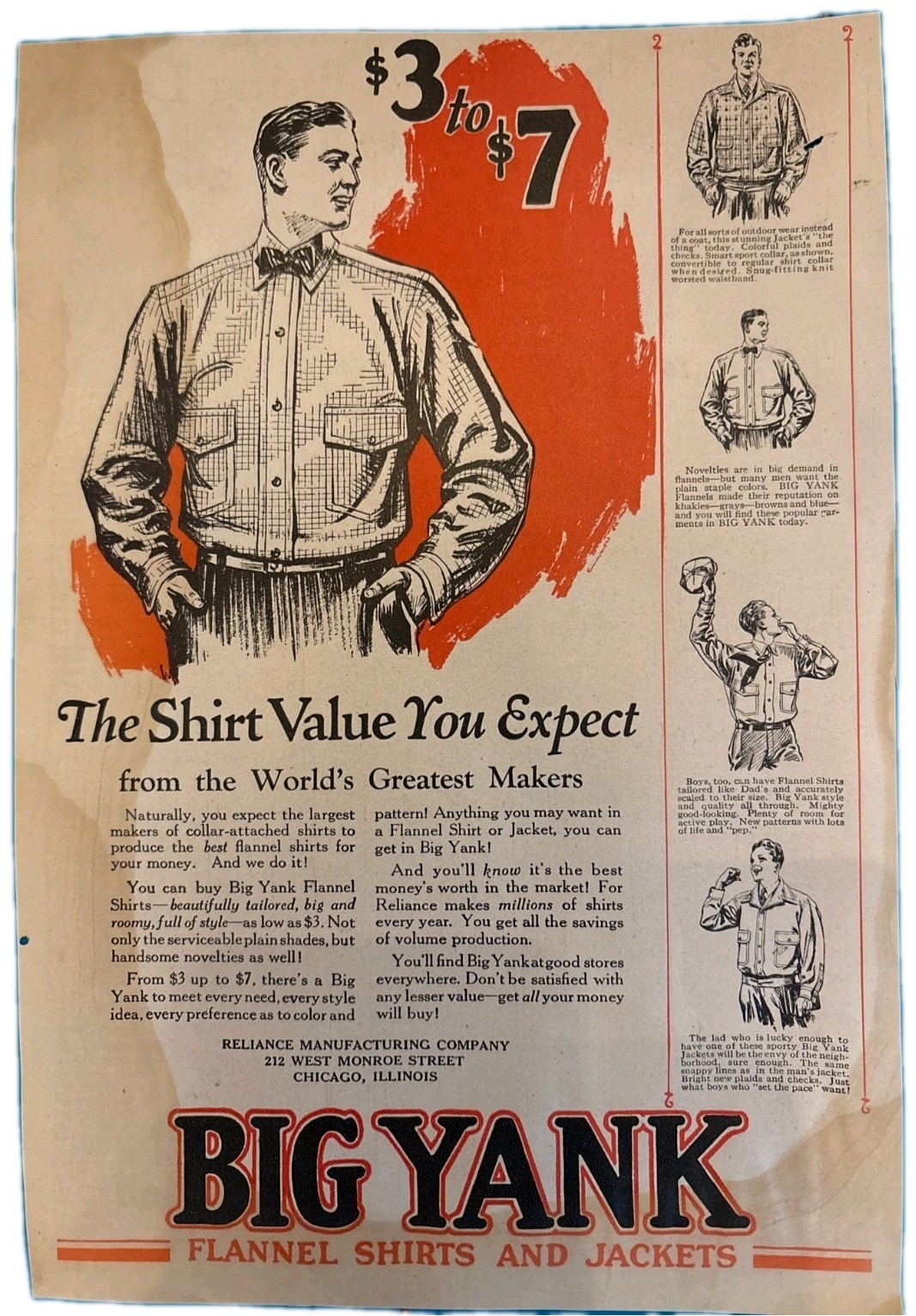 1926 Big Yank Flannel Shirts Jackets Print Ad Reliance Mfg Co Chicago Workwear