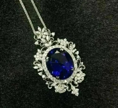 Art Deco Oval Cut Blue Sapphire Vintage Pendant 14K Gold White Gold Plated