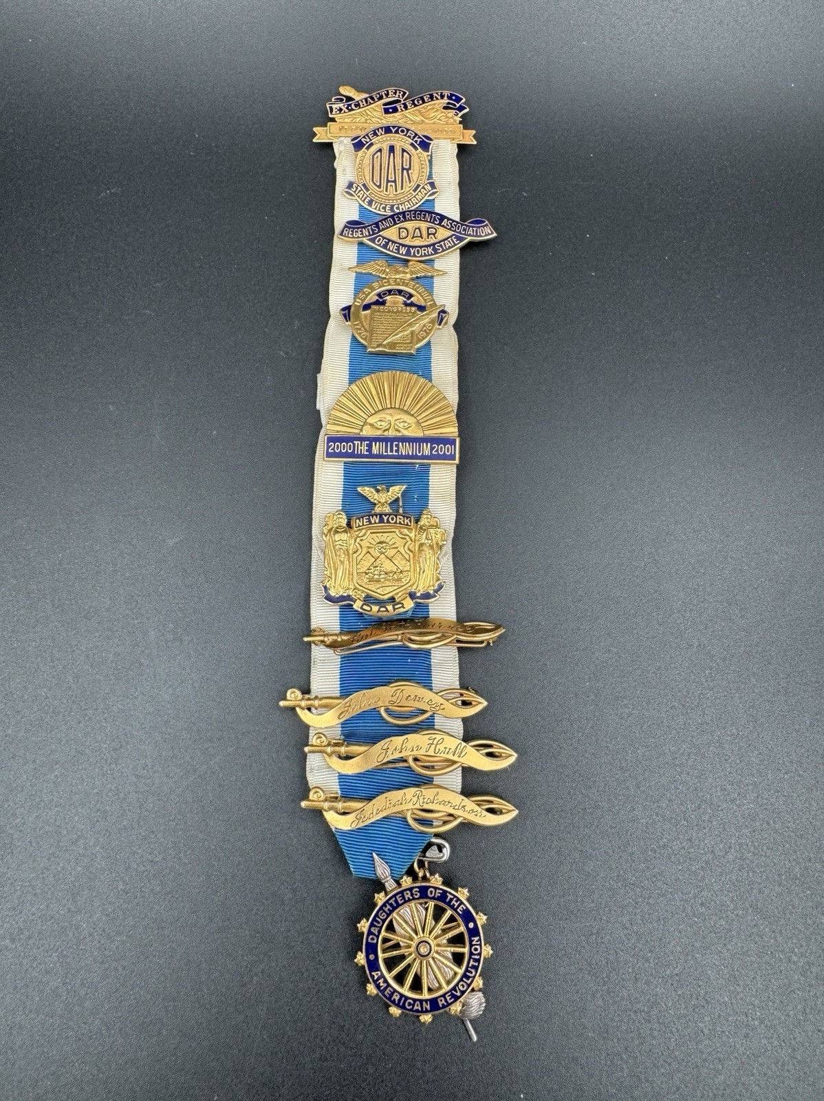14K Gold J.E. Caldwell DAR Ribbon Pins Mary Jemison New York Gold Filled