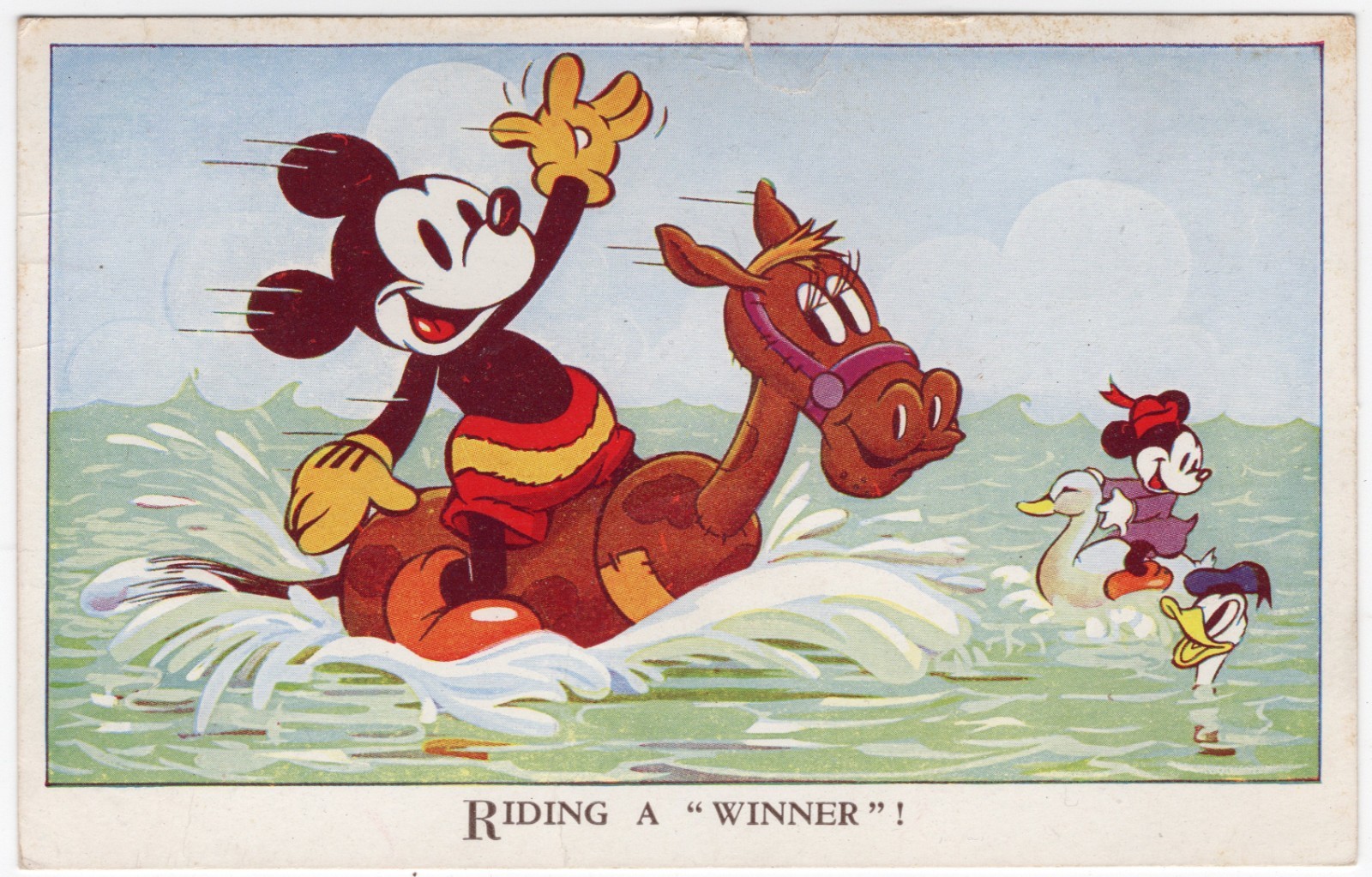 Antique Walt Disney Mickey Mouse Riding a Winner Postcard Valentine 4043 GB Rare