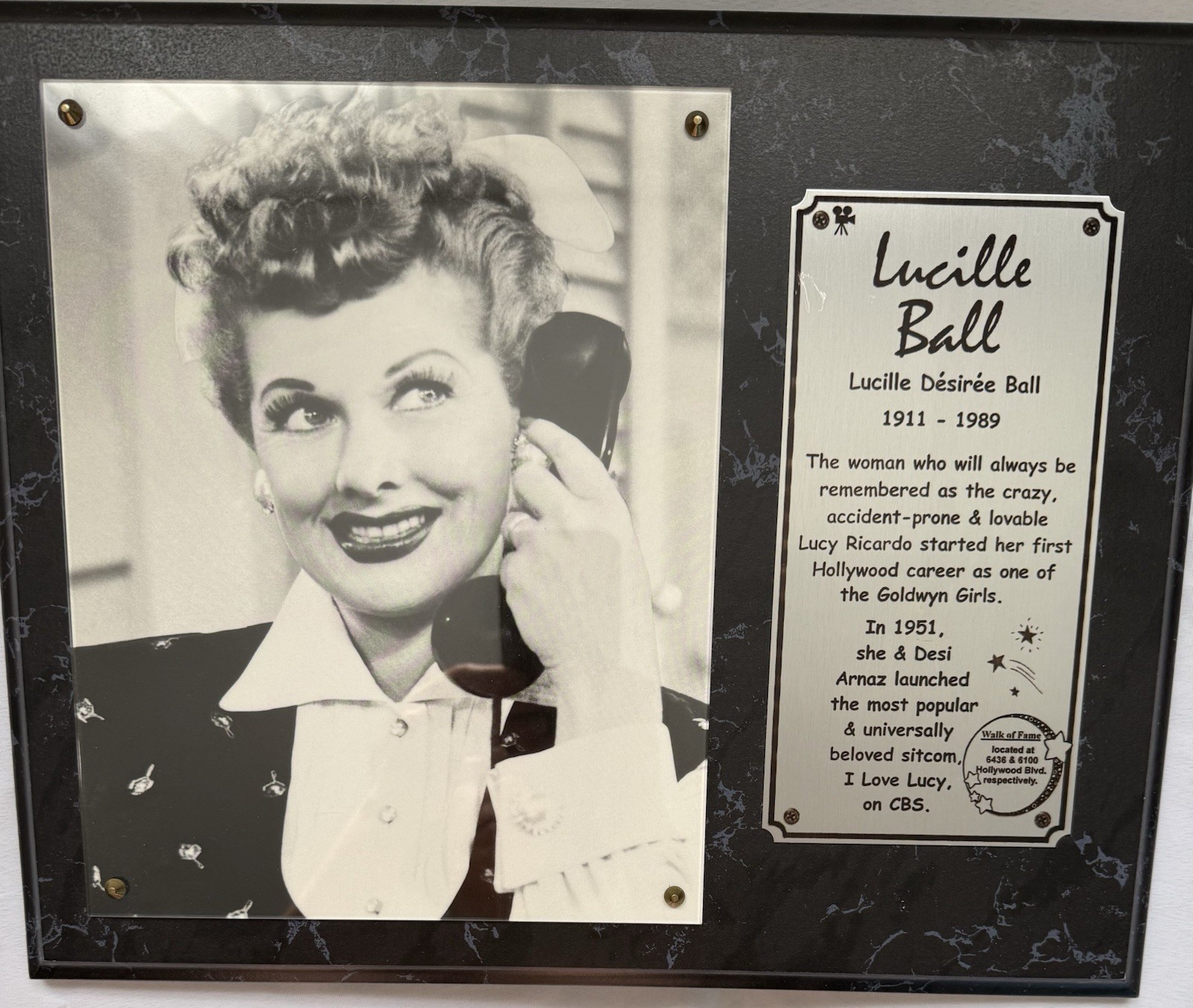 Lucille Ball Framed Photo & Tribute Plaque Marbled Black 11x14 Hanging