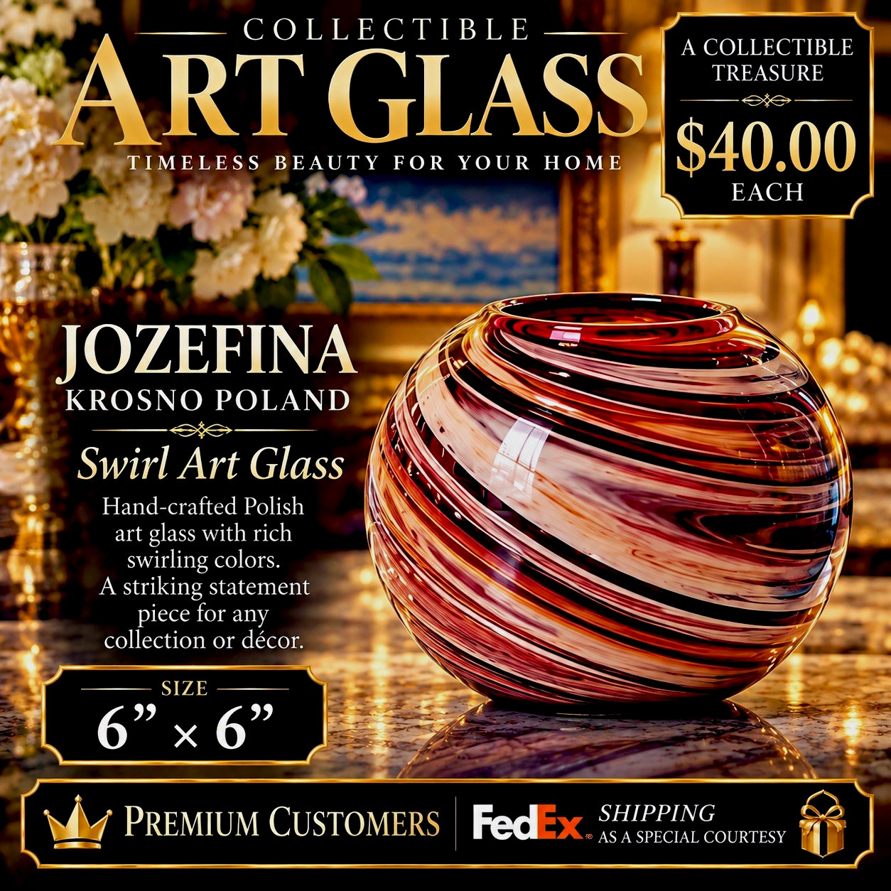 Jozefina Krosno Poland Swirl Hand Blown Art Glass Round Vase 6