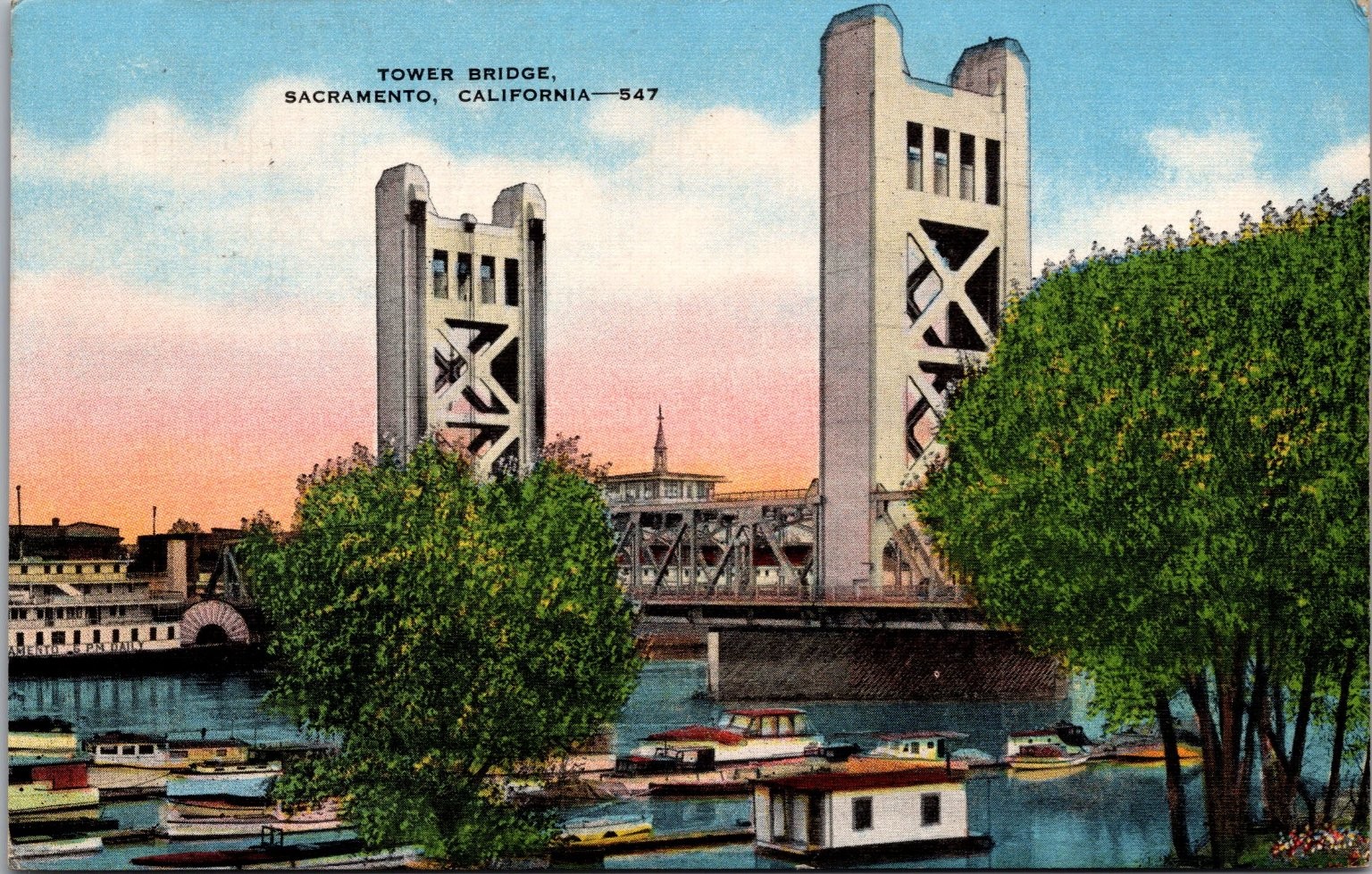 Tower Bridge Sacramento California Postcard E. C. Kropp Co. Vintage 1940s