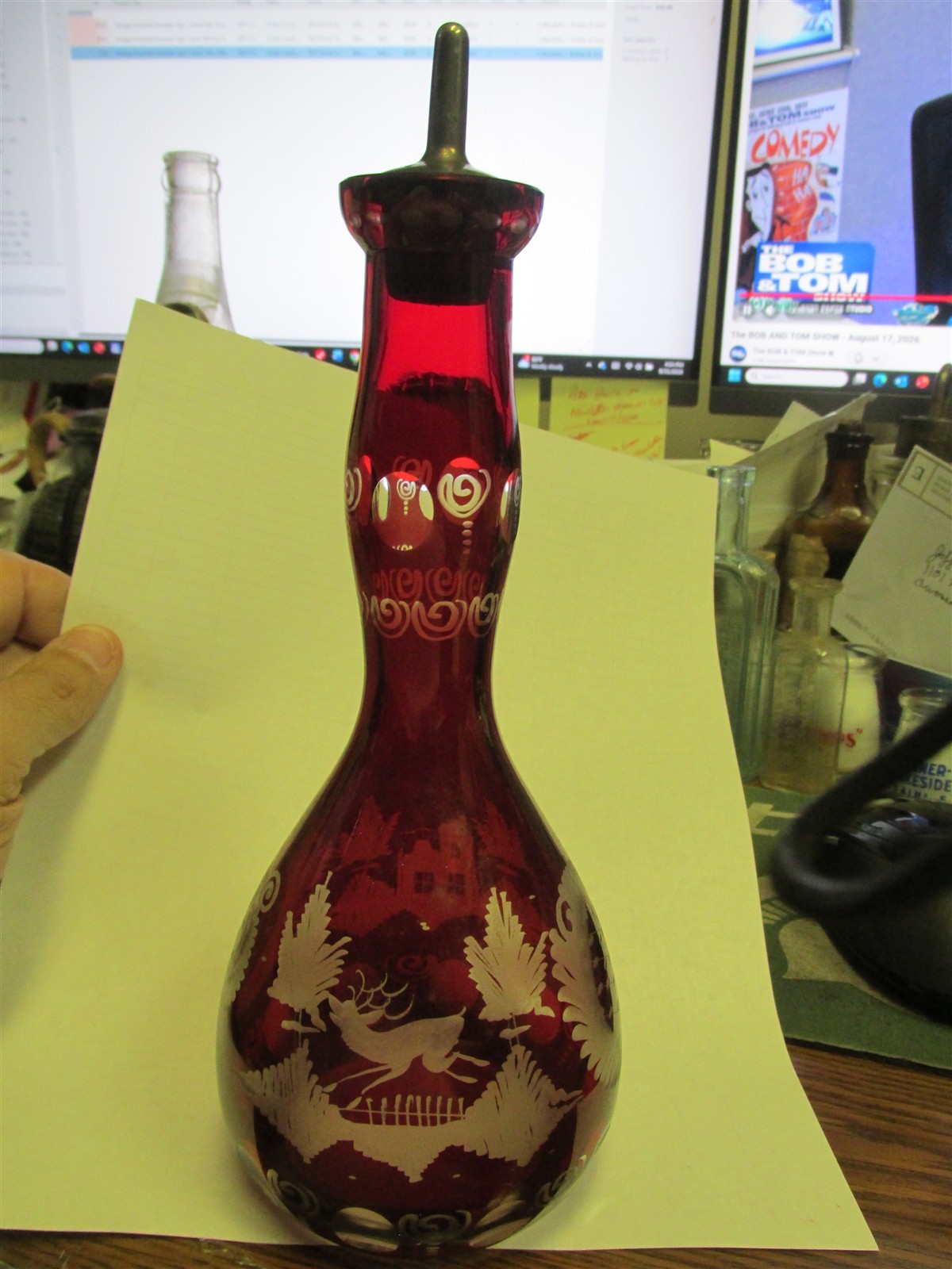 Vintage Ruby Flash Wheel Cut & Etched Barber Bottle w/ original stopper NICE