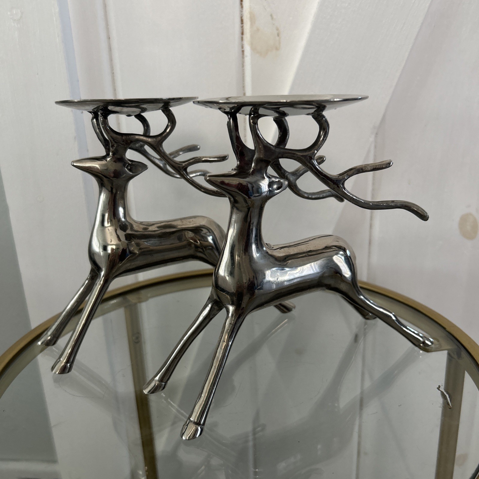 Two Silver Tone Reindeer Pillar Candle Holders  Christmas Decor Made in India