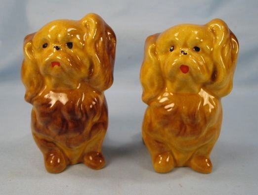 Pekingese Dog Salt & Pepper Shakers Fluffy Brown Figural Retro Nice (O)