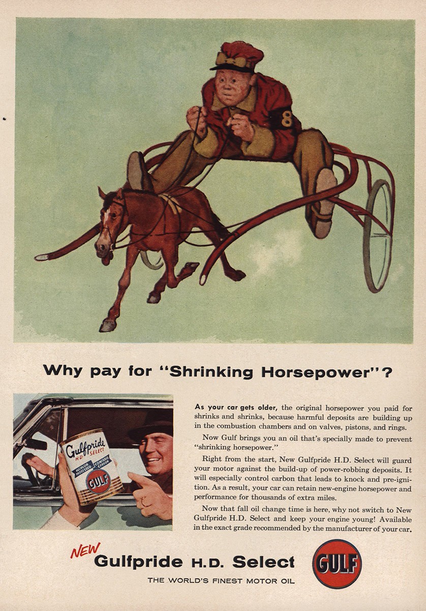 1955 Gulf Oil: Pay for Shrinking Horsepower Vintage Print Ad