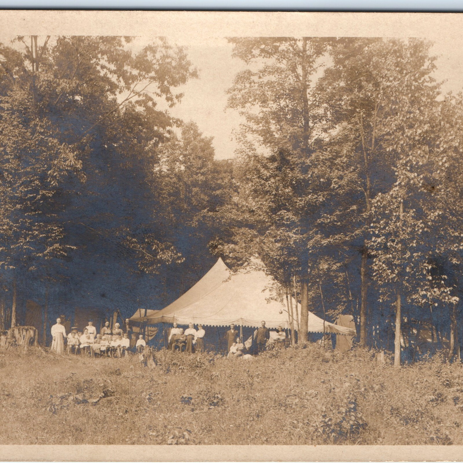 c1910s Outdoor Camp Gathering RPPC Tent Hunting Woods Posing Group Postcard