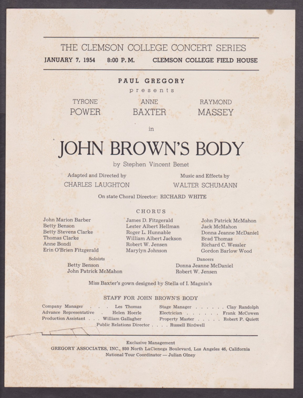 1954 Clemson College Concert Series JOHN BROWNS BODY Program Power Baxter Massey