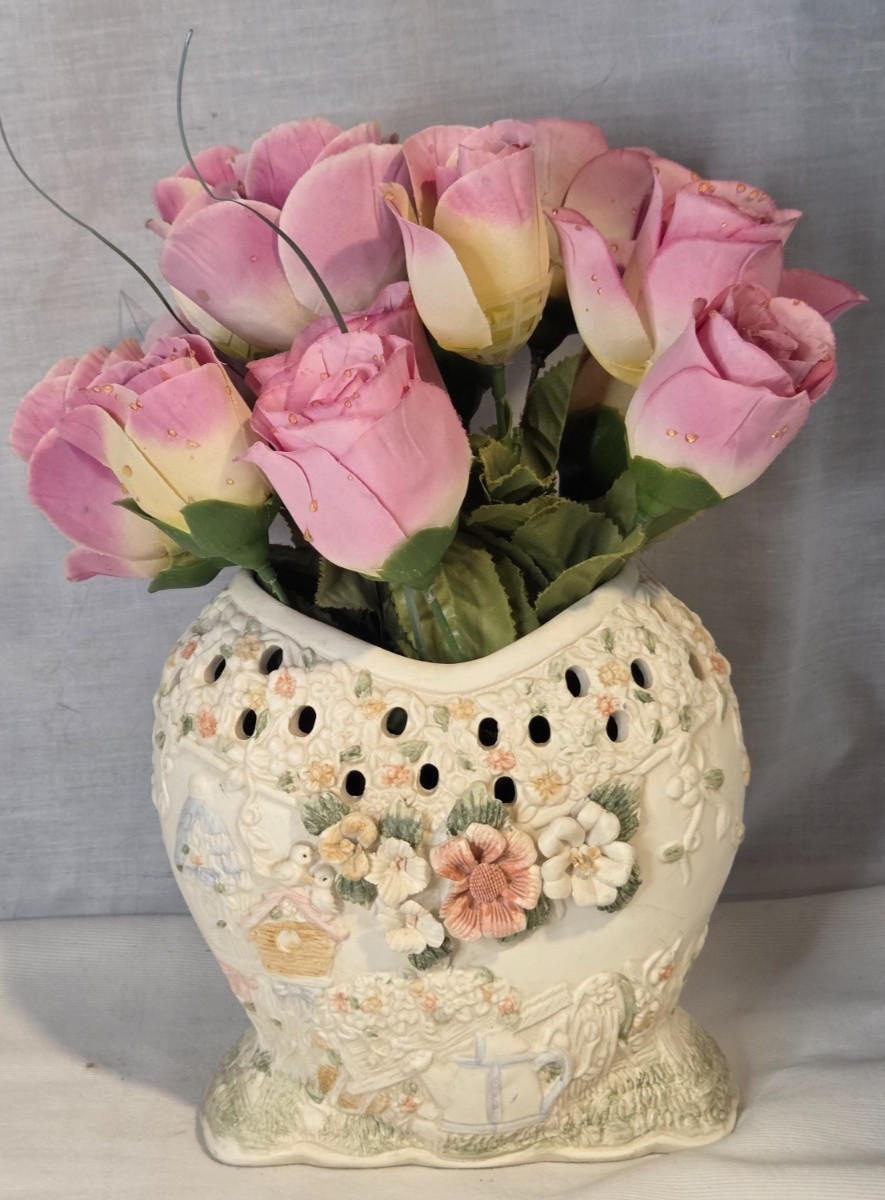 Vtg Ceramic Reticulated Floral Heart Vase Birds Birdhouse Faux Pink Roses 7\'\'
