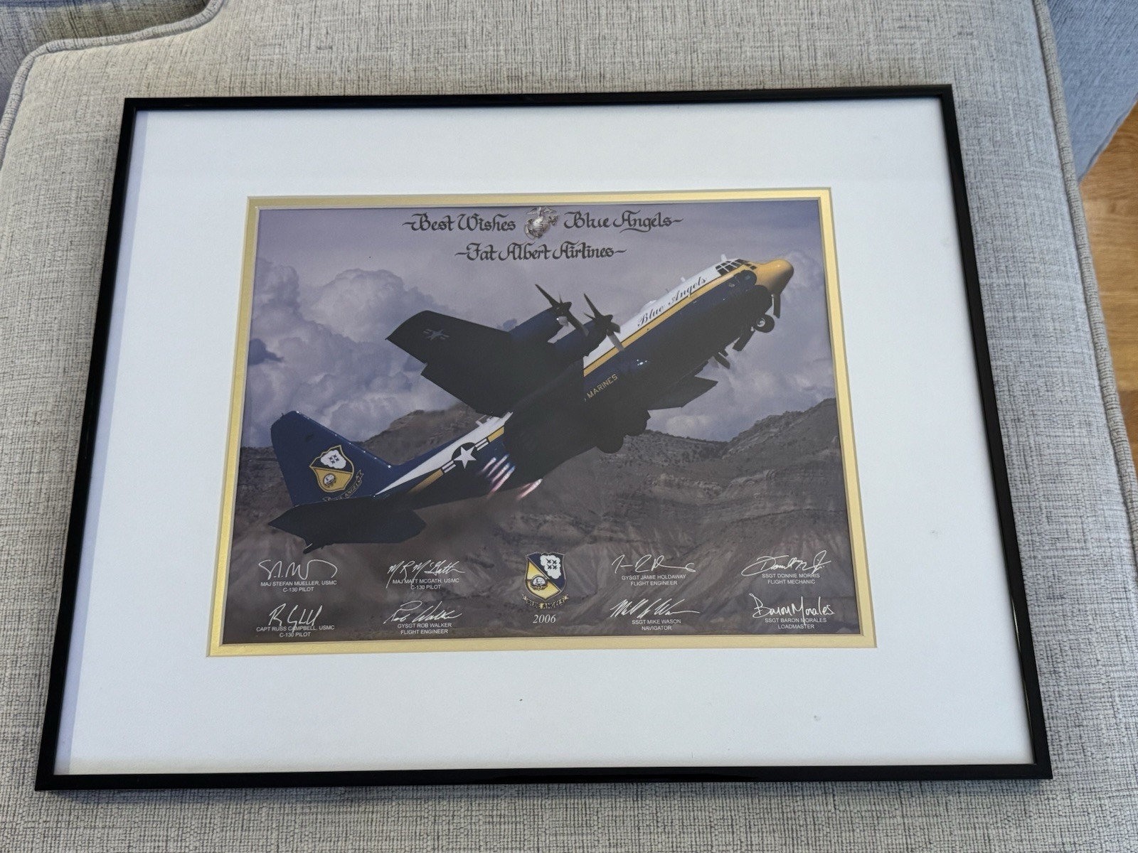 2006 Blue Angels Fat Albert Framed Signed Crew Print USMC C-130 20.5x14.5