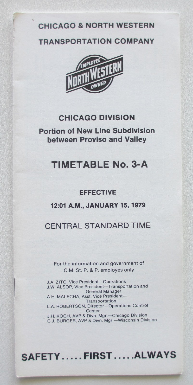Vintage January 1979 Chicago North Western Railway Chicago Division Timetable 3A