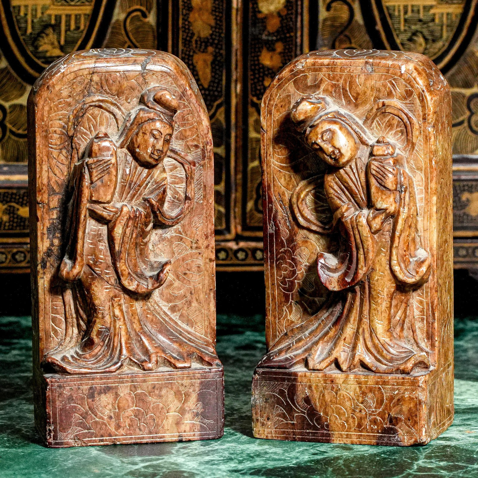 Lovely Chinese Antique Pair Carved Soapstone Stone Plaques Bookends Chinoiserie